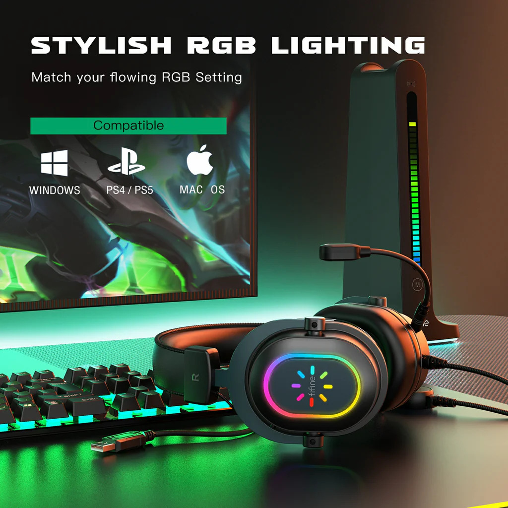 FIFINE Ampligame H6 USB Headset for PC Gaming with RGB, In-Line Controls of 7.1, EQ Modes Volume & Mute