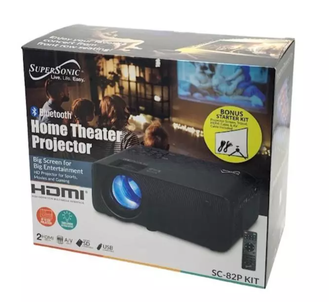 Supersonic SC-82P + Starter kit - 3.97-inch Home Theater Bluetooth Projector with Crystal Clear 7000 Lumina, 1080P, Connect Wirelessly, Enjoy True Colors and Powerful Sound - Perfect for Sports, Movies, and Games