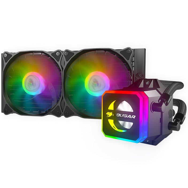 COUGAR Helor 240 Liquid Cooling,Copper with Nickel Plating Pump Speed 2700 ± 10% R.P.M, Aluminum material, 12 Addressable RGB LEDs (5V), Radiator Type 240mm,Fan Model Vortex Omega 120,Fan Quantity 2,Hydro-Dynamic Bearing