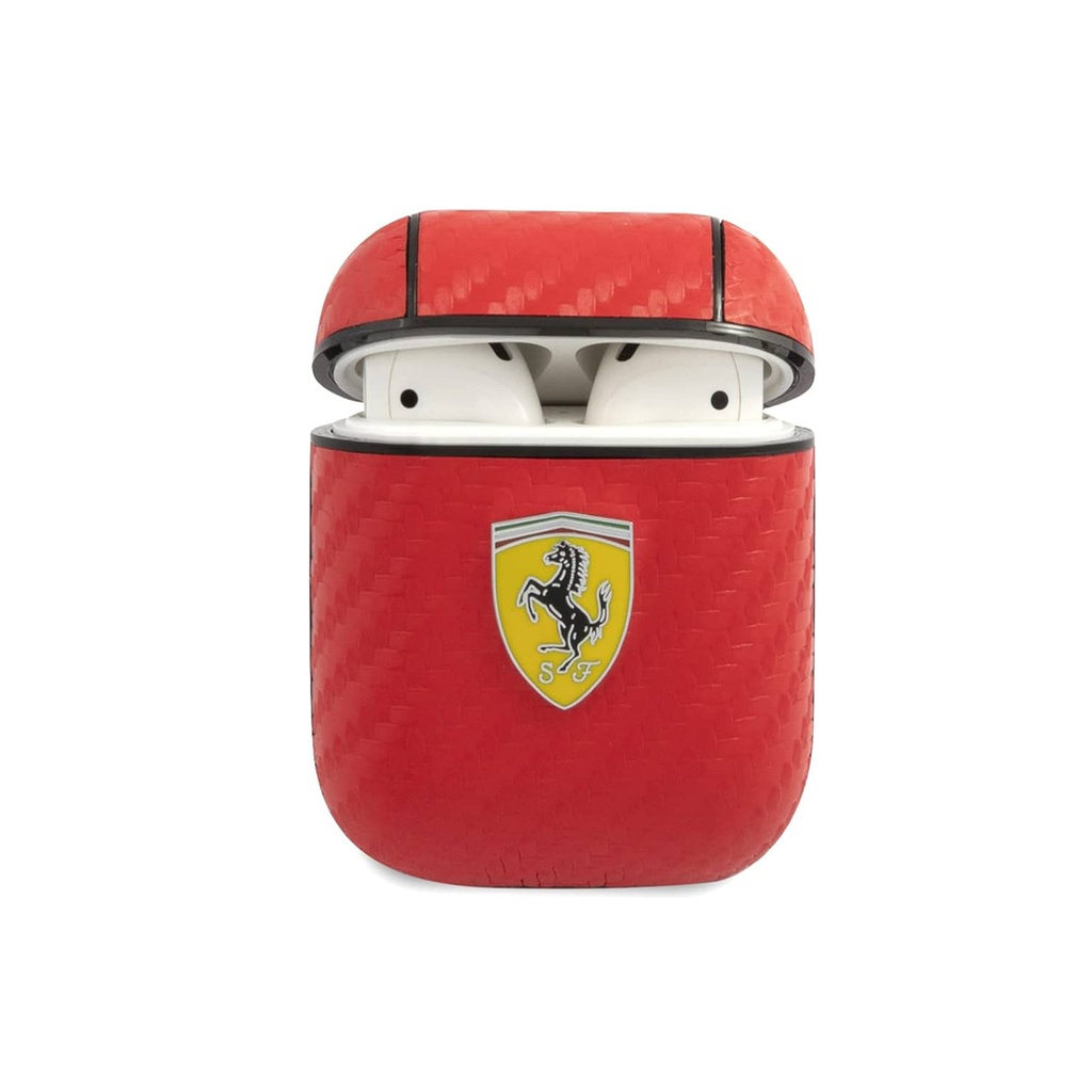 Ferrari PC Leather Case With Yellow Shield Metal Logo For Airpods 1/2