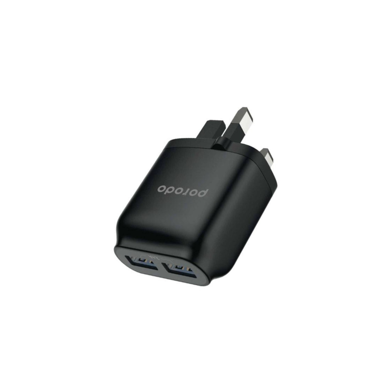 Porodo Blue Dual Port Wall Charger 2.4A 12W UK - Black