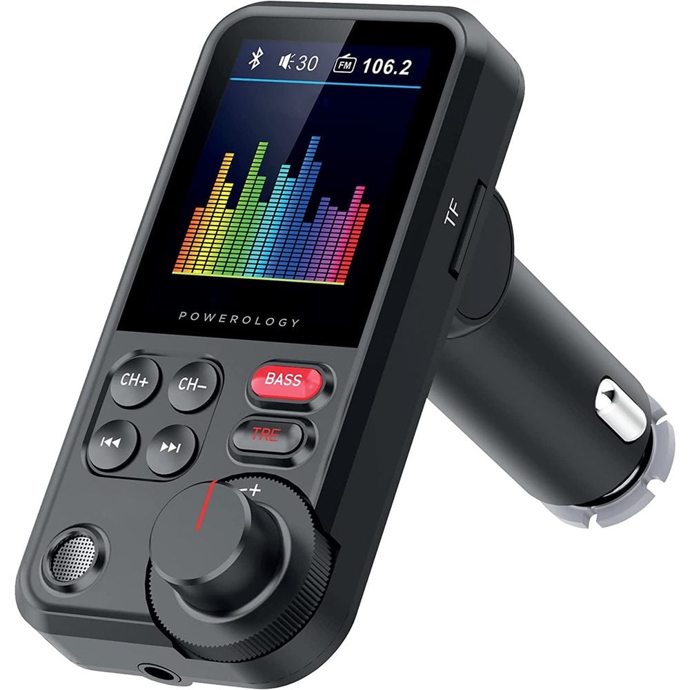 Powerology FM Transmitter Pro Car Fast Charger 23W Bass Treble Adjuste -7 EQ Modes- Black