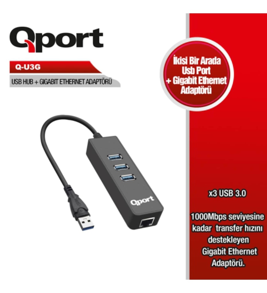 Qport Q-U3G 3xUsb 3.0 Çoklayici+Gig. Ethernet Adapter