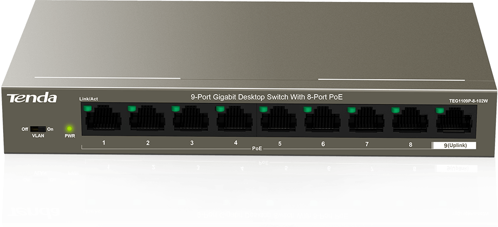 TENDA 8-Port PoE, 9-Port 10/100Mbps Desktop Switch with 8-port PoE, for IP cameras and IP phones, tef1109p-8-63w