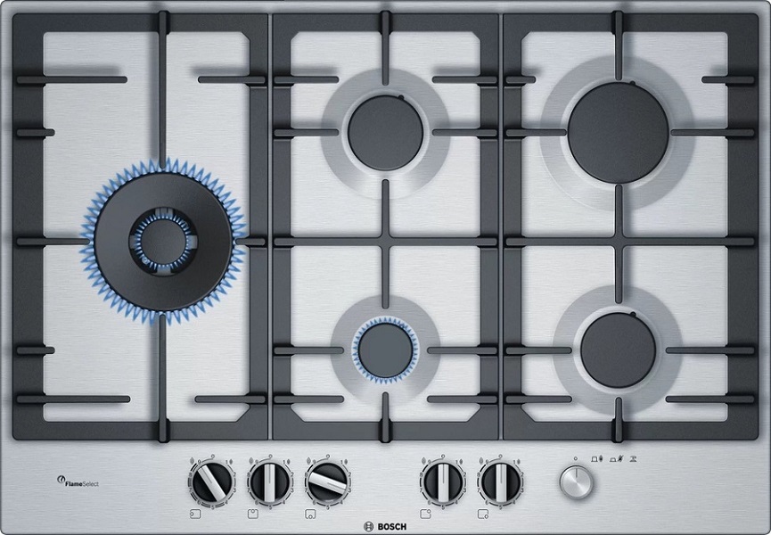 BOSCH PCS7A5M90 Serie | 6 Gas hob 75cm Stainless steel  5 Gas + 1 Wok cooktop with cast steel head