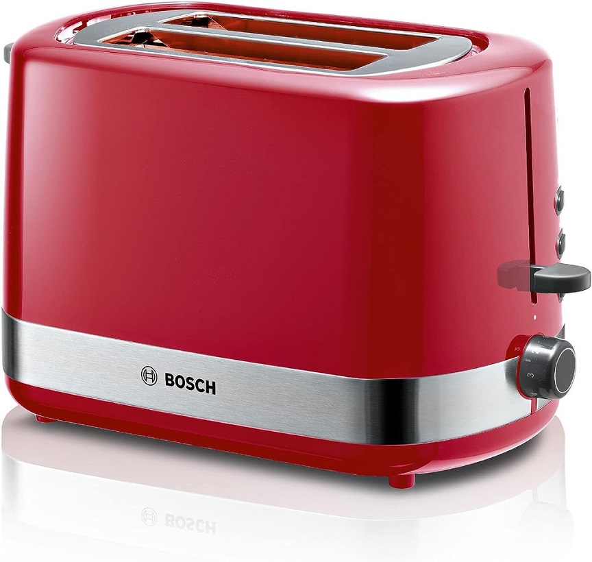 BOSCH TAT6A514 Compact Toaster, Integrated Stainless Steel Bun Attachment, with Automatic Shut-Off, with Defrost Function, Perfect for 2 Slices of Toast, Lift Function, Bread Centring, 800 W