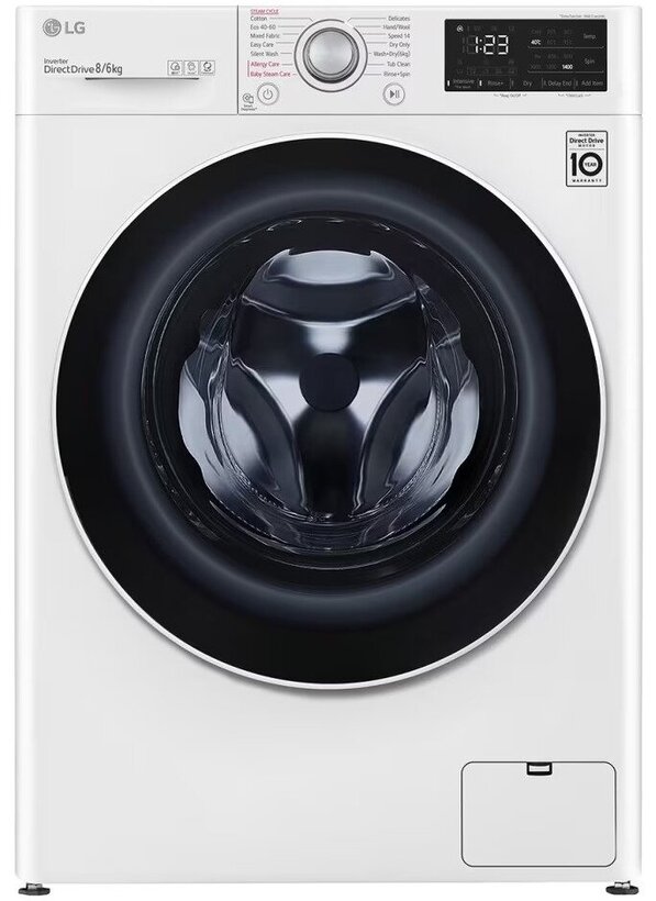 LG F4DV328S0U Washer&Dryer Machine, 8Kg washing/6Kg drying, 1400rpm, AI Direct Drive™, Class B washing cycle, Class E washing + drying cycle, Smart Diagnosis™, Steam™, White