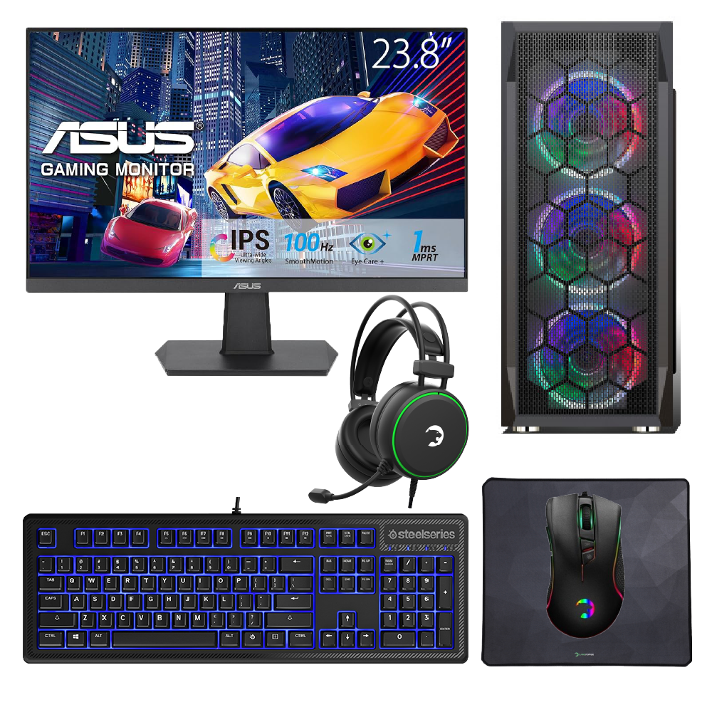 Durmazz Starter Gaming Bundle - Gaming PC Intel Core i3 10100F 16GB RAM 480GB SSD Nvidia GTX 1650 & Asus 23.8" VA24EHF FHD 100HZ IPS Monitor & Mechanical Keyboard, Mouse, Mousepad & Headset