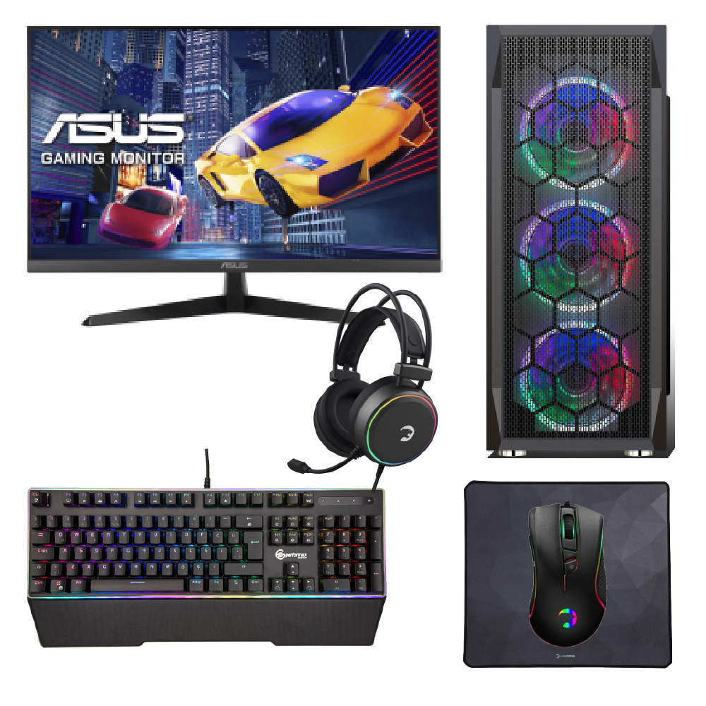 Durmazz Golden Gaming Bundle V2 - Gaming PC Ryzen 5 5500 16GB RAM 512GB / 1TB SSD RTX 4060 8GB & Asus VY249HGE 24'' FHD 144Hz IPS Monitor & Mechanical Keyboard, Mouse, Mousepad & Headset