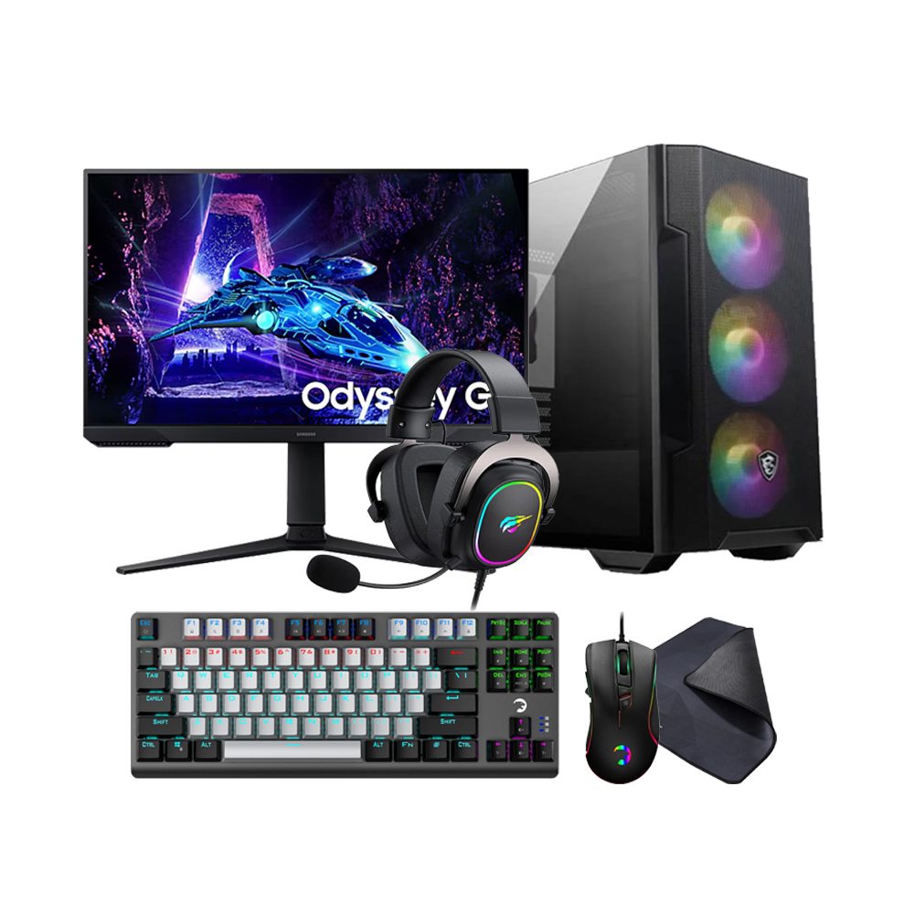 Durmazz Golden Gaming Bundle V2 - Gaming PC Ryzen 5 5500 16GB RAM 512GB / 1TB SSD RTX 4060 8GB & Samsung Odyssey G3 G30D 24" 1920x1080 Full HD 180Hz 1ms Gaming Monitor & Mechanical Keyboard, Mouse, Mousepad & Headset