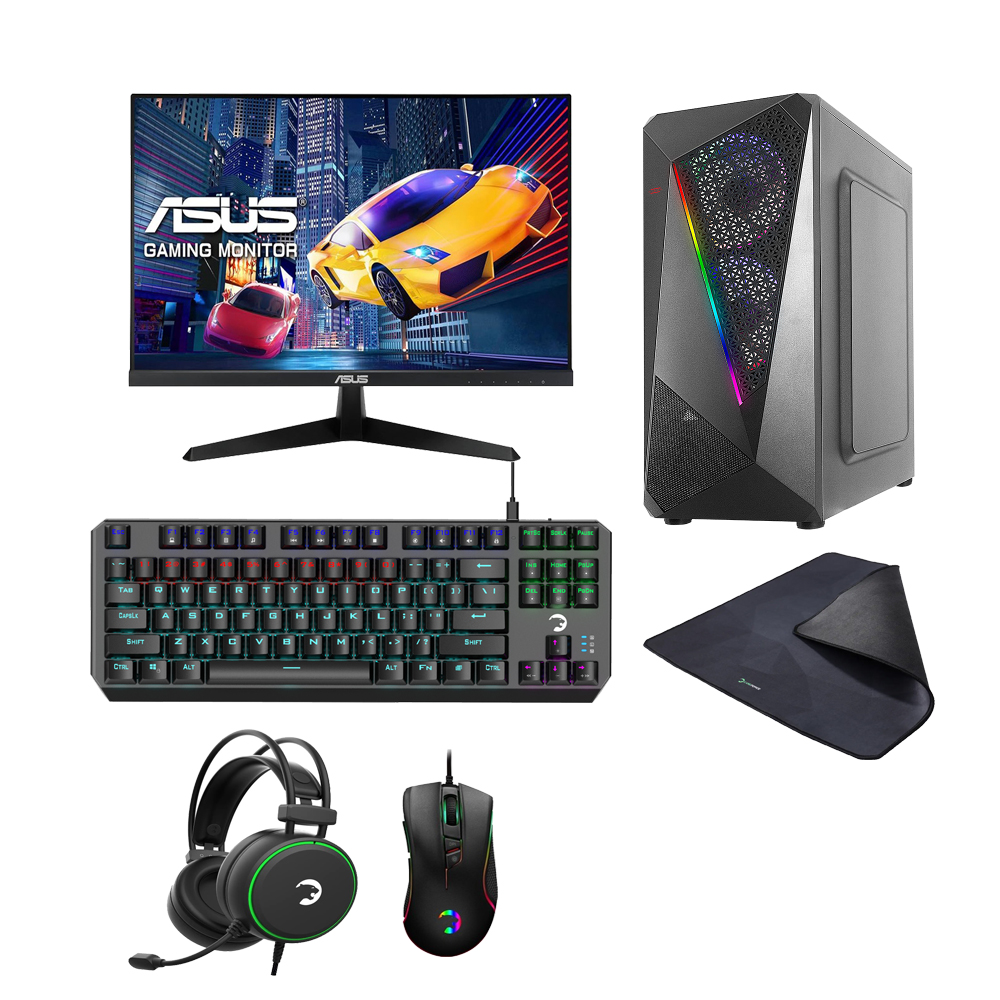 Durmazz Silver Gaming Bundle - Gaming PC Ryzen 5 5500 16GB RAM 512GB SSD RTX 3050 & Asus VY249HGE 24'' FHD 144Hz IPS Monitor & Mechanical Keyboard, Mouse, Mousepad & Headset