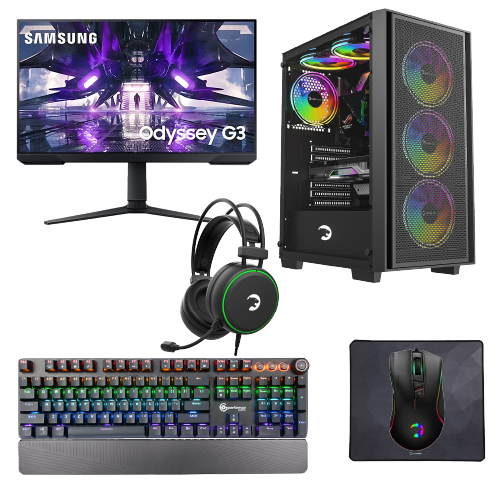 Durmazz Silver Gaming Bundle - Gaming PC Ryzen 5 5500 16GB RAM 512GB SSD RTX 3050 8GB & Samsung 24" LS24AG320NUXUF FHD 165Hz 1ms Monitor & Keyboard, Mouse, Mousepad & Headset