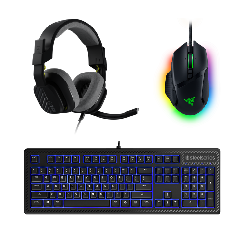 Essential Gaming Gear Bundle - Razer Basilisk V3 Wired Customisable Gaming Mouse - SteelSeries Apex 100 Gaming Keyboard Tactile & Silent - Logitech ASTRO A10 Wired Gaming Headset