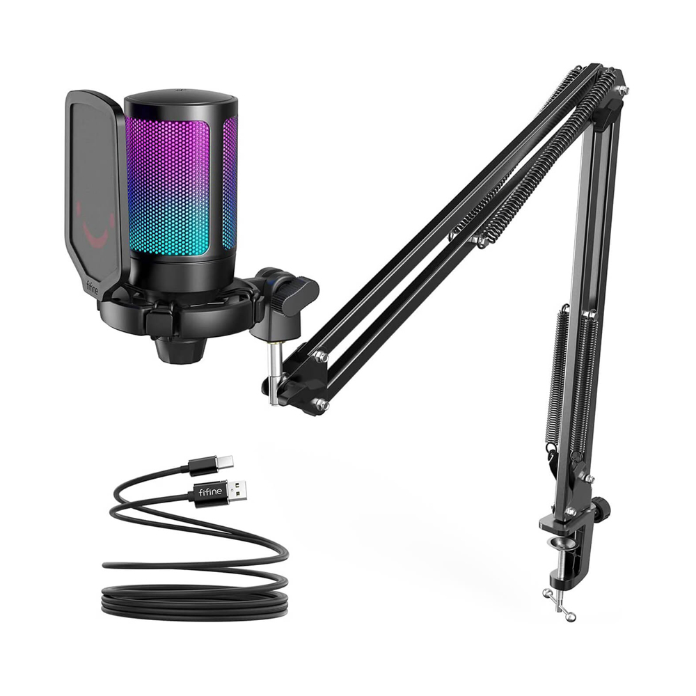 Fifine A6T Ampligame Usb Condenser RGB Gaming Mic. With Volume Control, Mute Button, Pop Filter , Boom Arm Stand Set