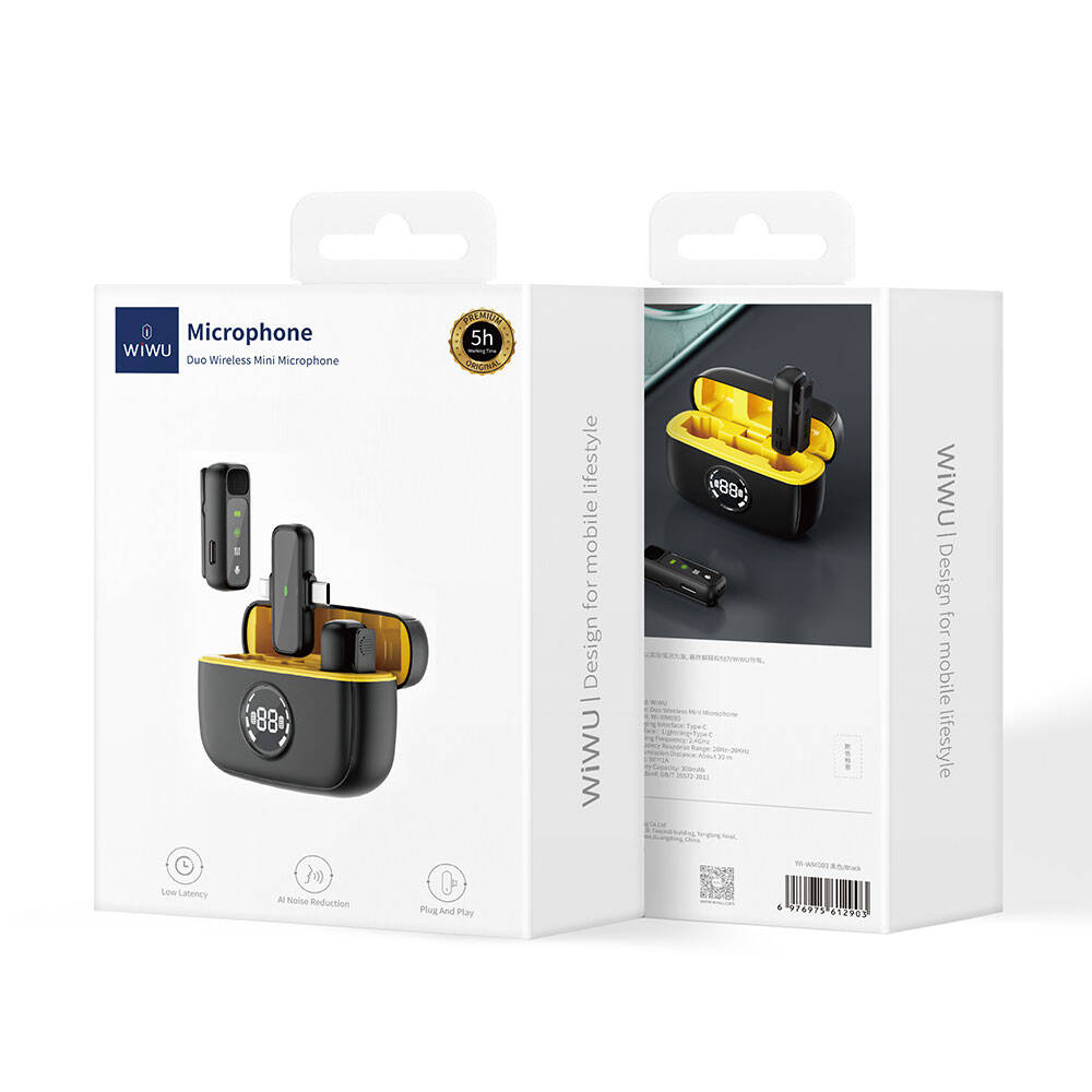 Wiwu Wi-WM003 Digital LED Indicator Type-C & Lightning Port Dual Wireless Lavalier Microphone
