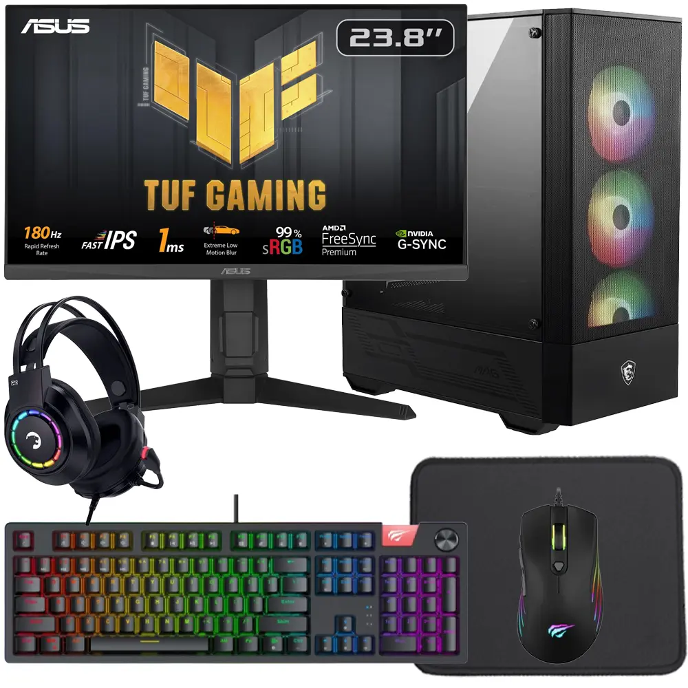 Durmazz Golden Bundle - AMD Ryzen 5 5500 16GB DDR4 RAM 512GB or 1TB SSD Nvidia RTX 4060 & Asus TUF Gaming 23.8" VG249Q3A 180Hz 1ms Full HD IPS Gaming Monitor & Mechanical Keyboard, Mouse, Mousepad & Headset